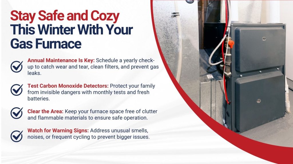 This is an image of a new furnace. The headline reads; Stay safe and cozy this winter with your gas furnace.