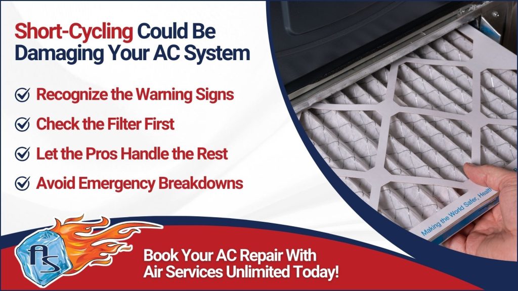 This is an image of someone changing a filter. The headline read short cycling could be damaging your AC system.