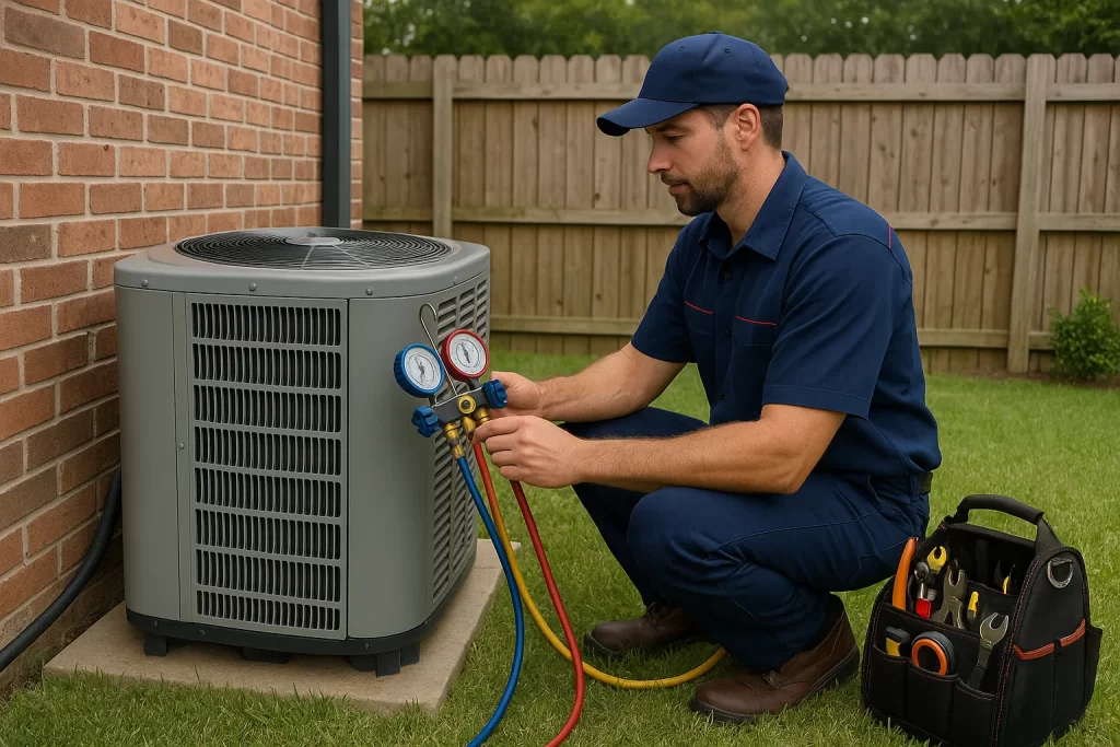 HVAC technician conducting AC maintenance for summer efficiency in Beaumont backyard.