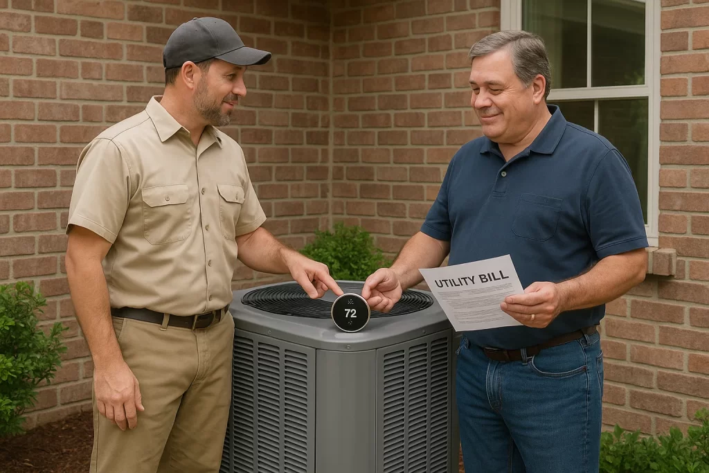Texas homeowner with HVAC tech and energy bill by new AC unit