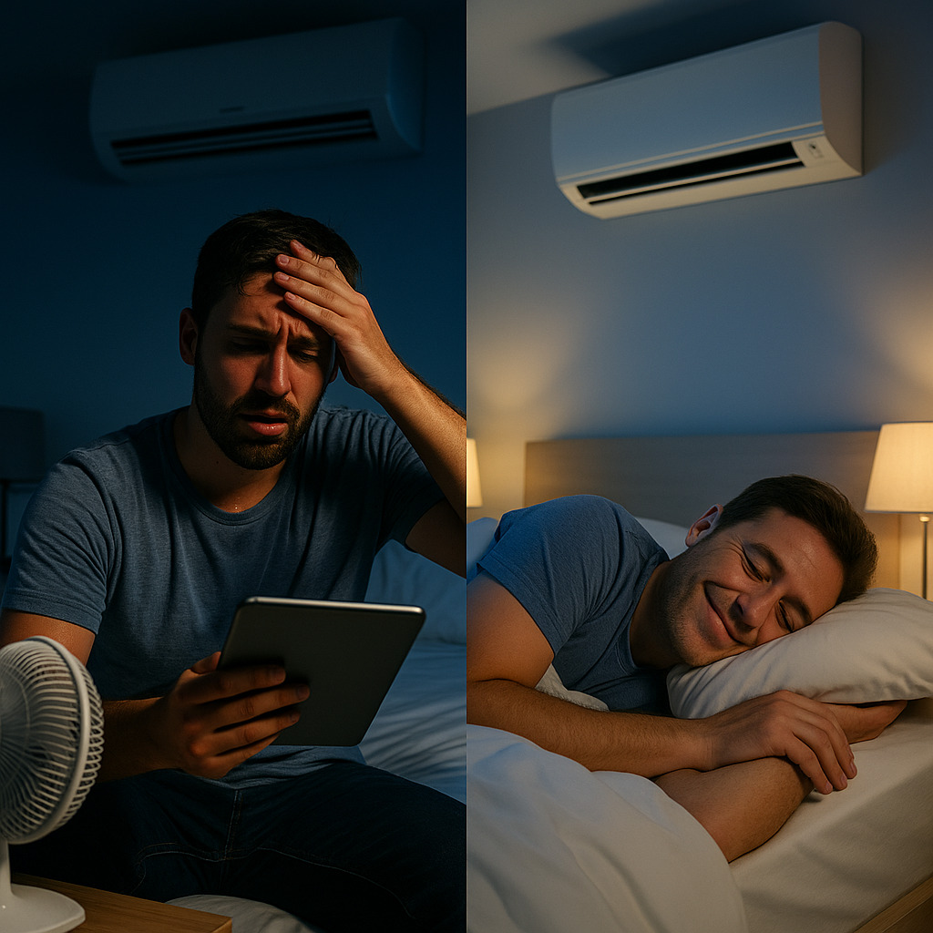 Before and after scenes showing the impact of 24-hour AC services on homeowner comfort