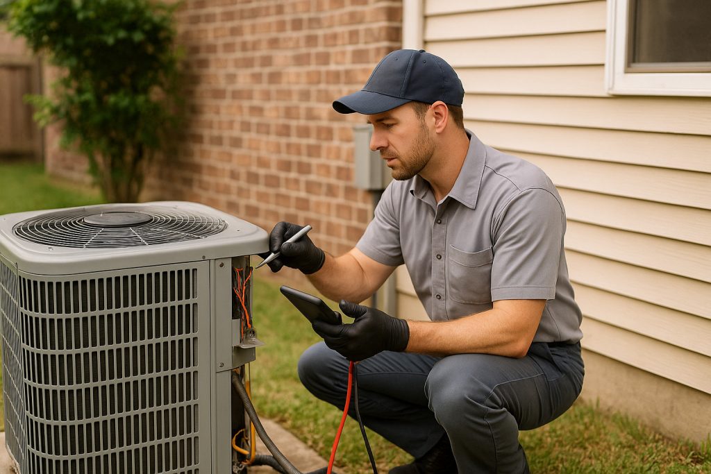 HVAC technician performing maintenance on outdoor AC unit in Beaumont backyard