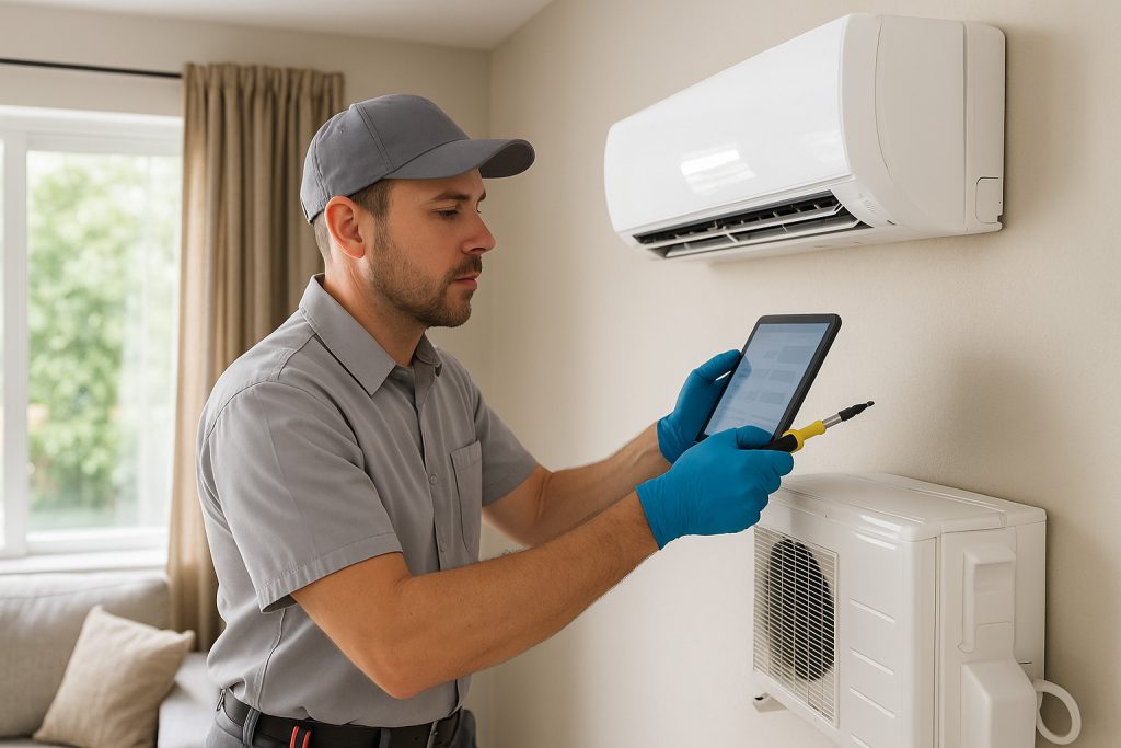 HVAC technician performing maintenance on mini split indoor unit in Beaumont home
