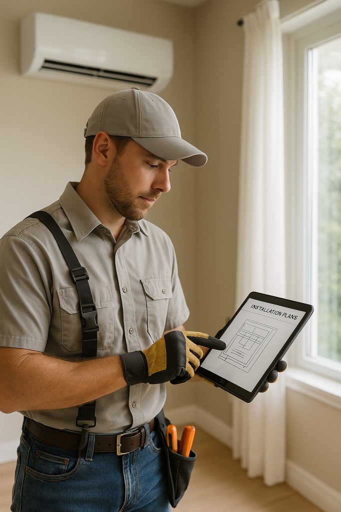 HVAC technician reviewing installation plans on digital tablet in Beaumont home