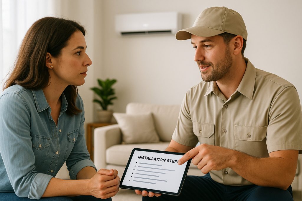 Homeowner consulting with technician about AC installation process in Beaumont living room