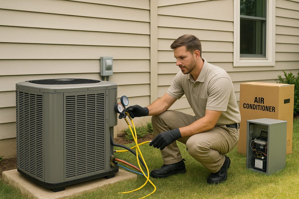 Technician installs AC unit using correct tools outside home in Beaumont