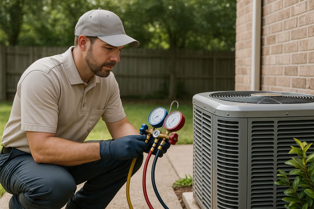 HVAC technician checking refrigerant levels on outdoor AC unit in Beaumont