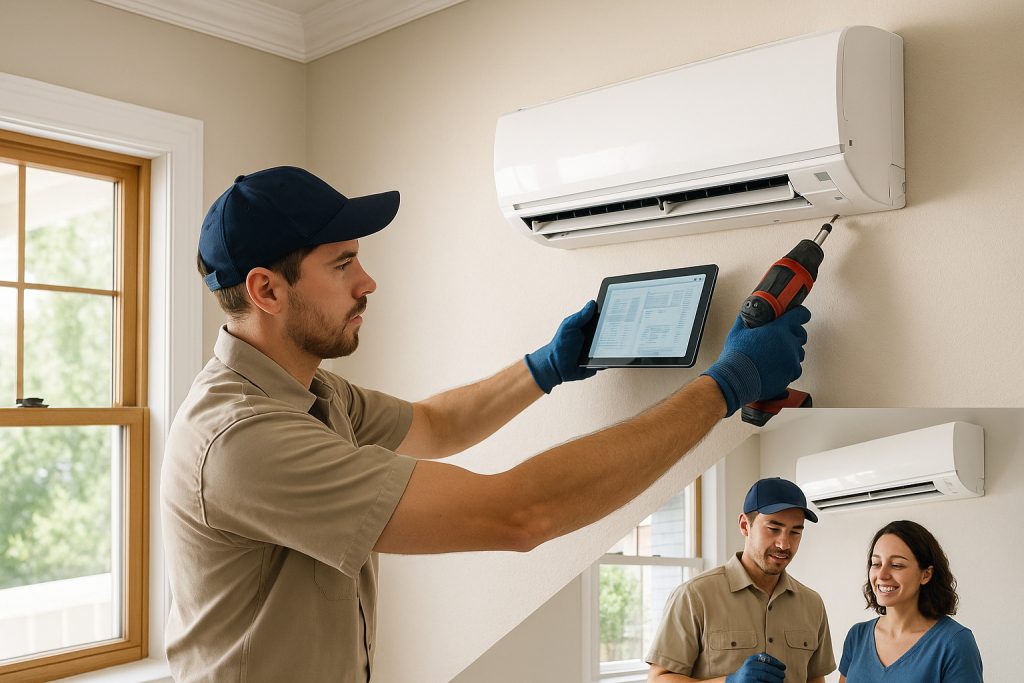 HVAC technician installing mini split indoor unit in Beaumont home
