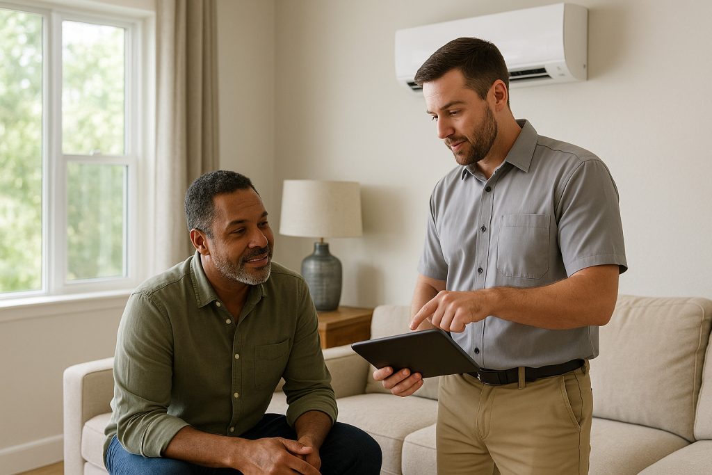 Homeowner consulting with technician about professional AC services in Beaumont living room