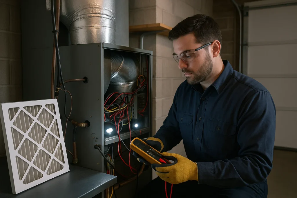 Technician using multimeter during air handler maintenance in utility space