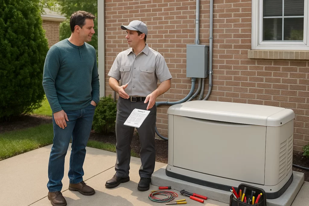 Homeowner and technician reviewing whole-house generator installation in utility room