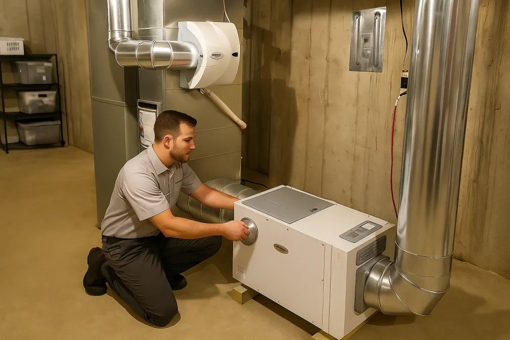 Technician testing whole-house dehumidifier in utility room
