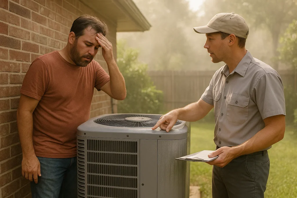 Homeowner and HVAC technician inspect AC condenser for condensation during Texas heat
