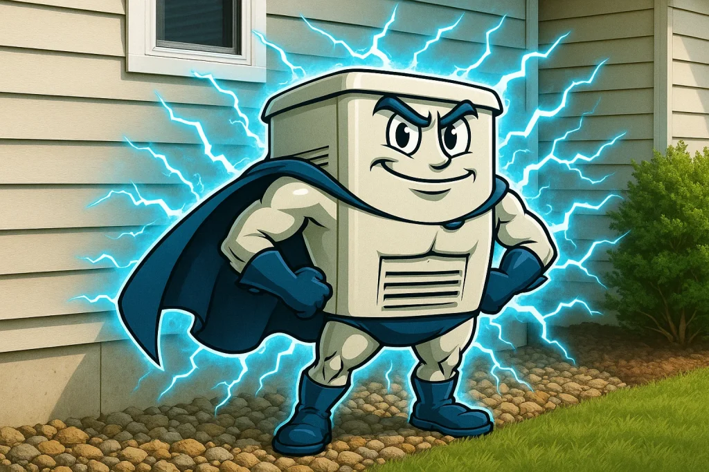 Anthropomorphic superhero generator with electricity coming out of him.