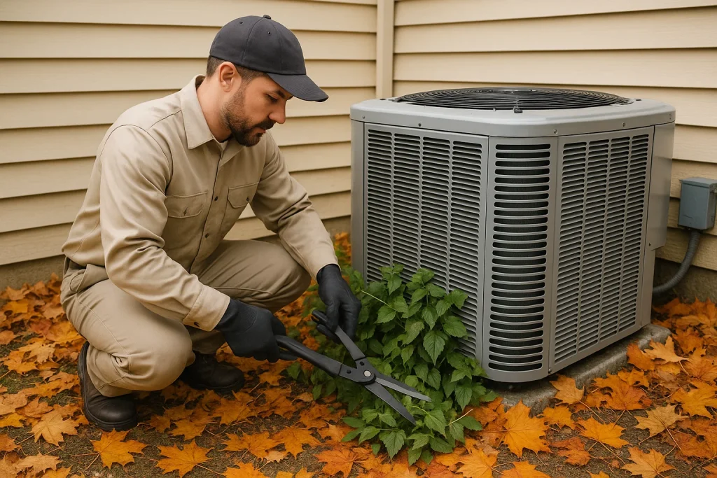 Technician clearing leaves and trimming plants around outdoor condenser unit