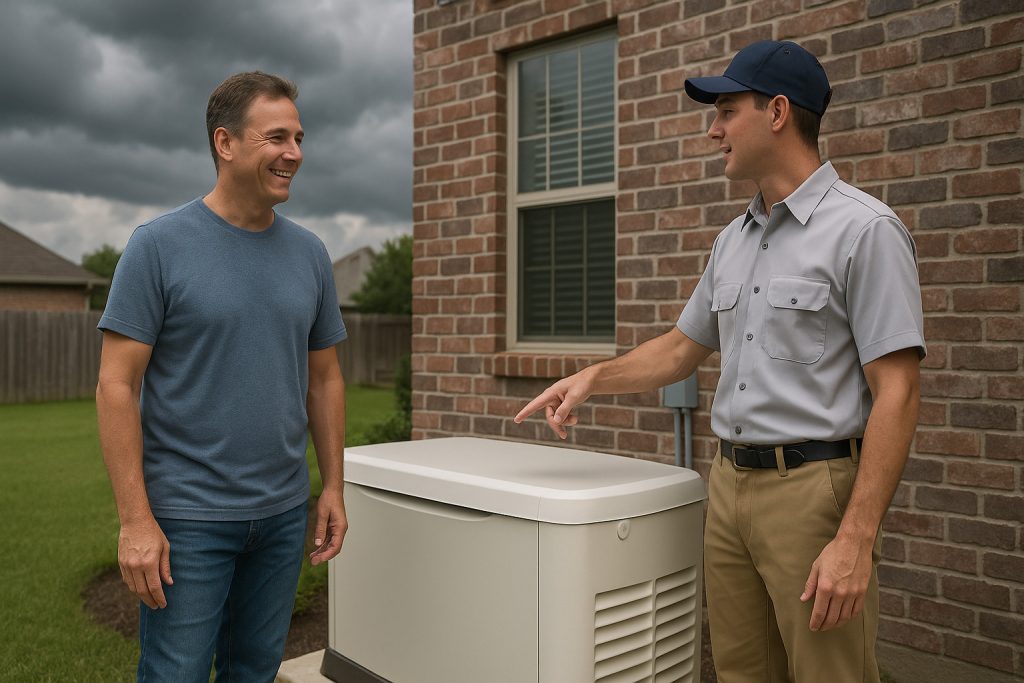 Homeowner and technician reviewing a whole house generator installation in Beaumont backyard
