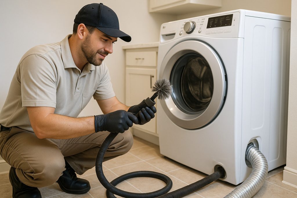 Technician cleaning dryer vent duct with rotary brush and vacuum system in Beaumont home
