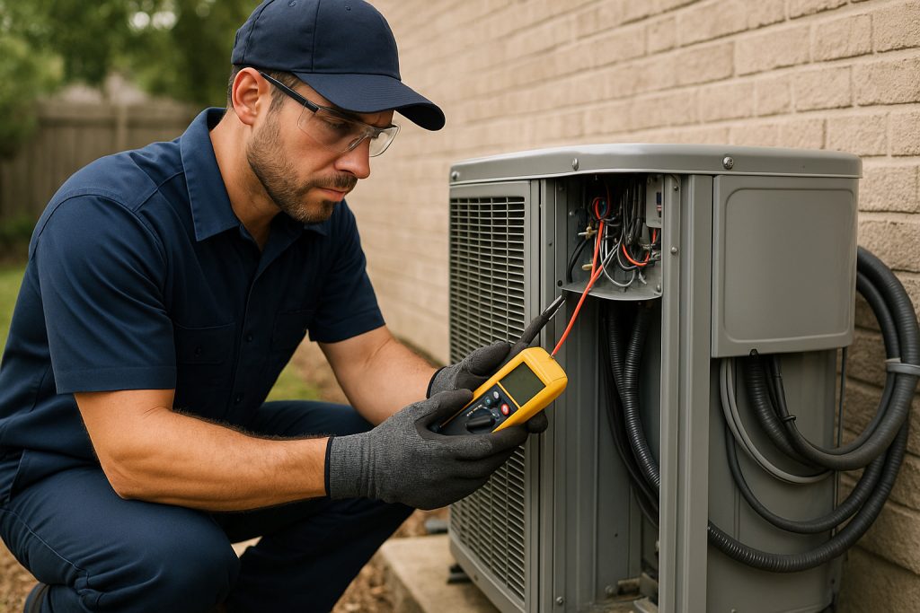 Technician testing electrical components of outdoor heat pump unit in Beaumont home