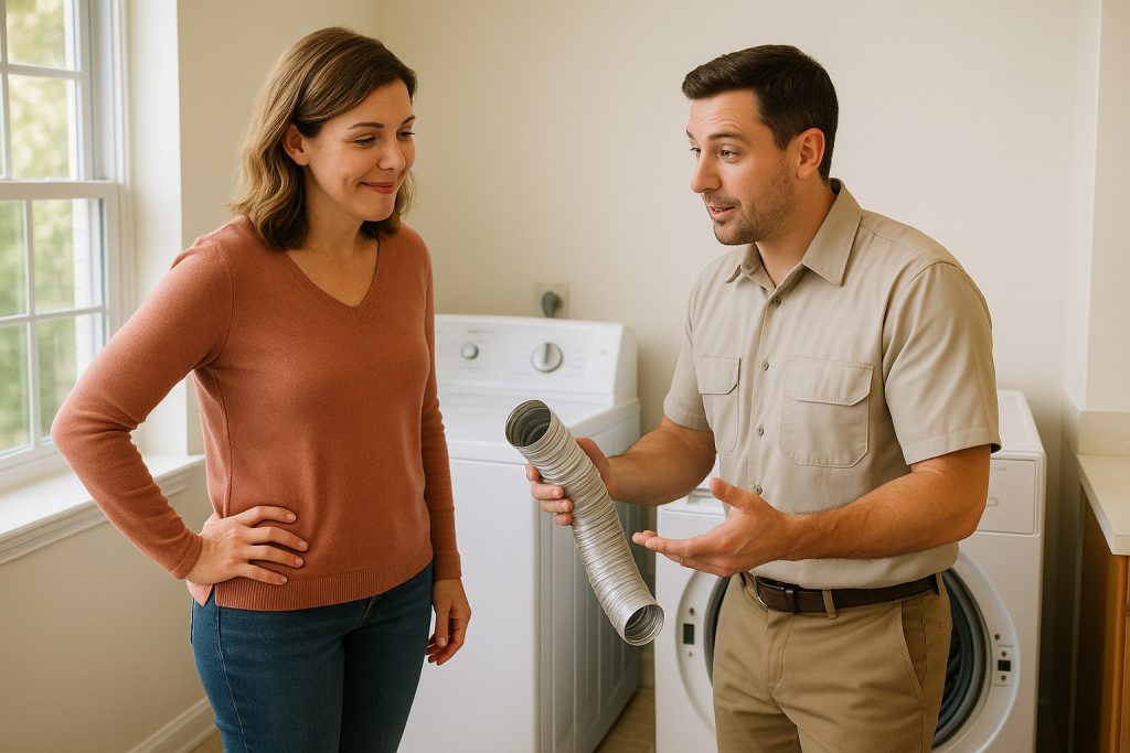 Homeowner and technician reviewing dryer vent cleaning in Beaumont laundry room