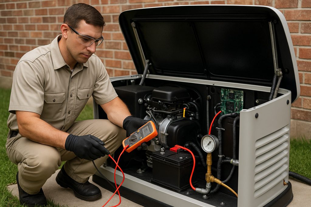 Technician testing battery and fuel supply on standby generator during repair in Beaumont