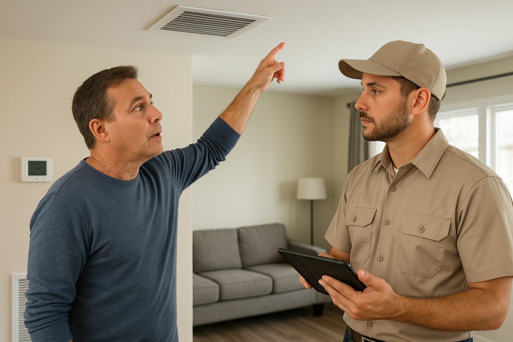 Homeowner discussing uneven airflow with technician during HVAC repair in Beaumont