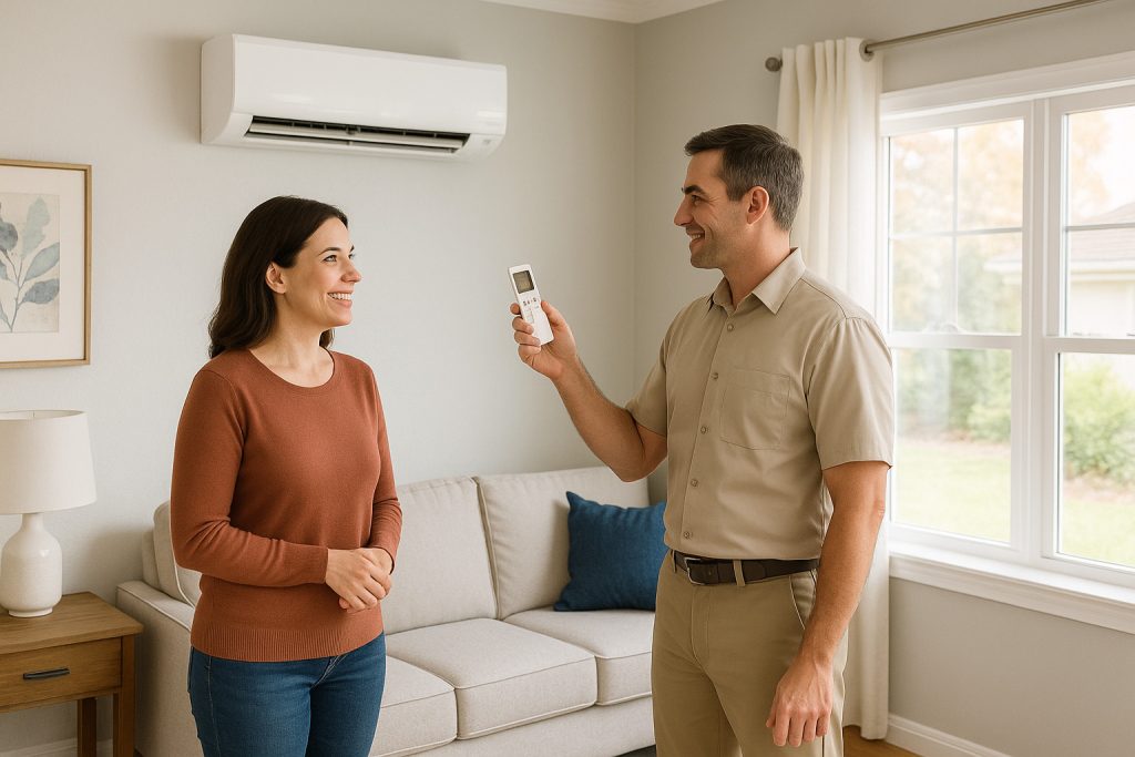 Homeowner learning about new mini split system installation in Beaumont living room