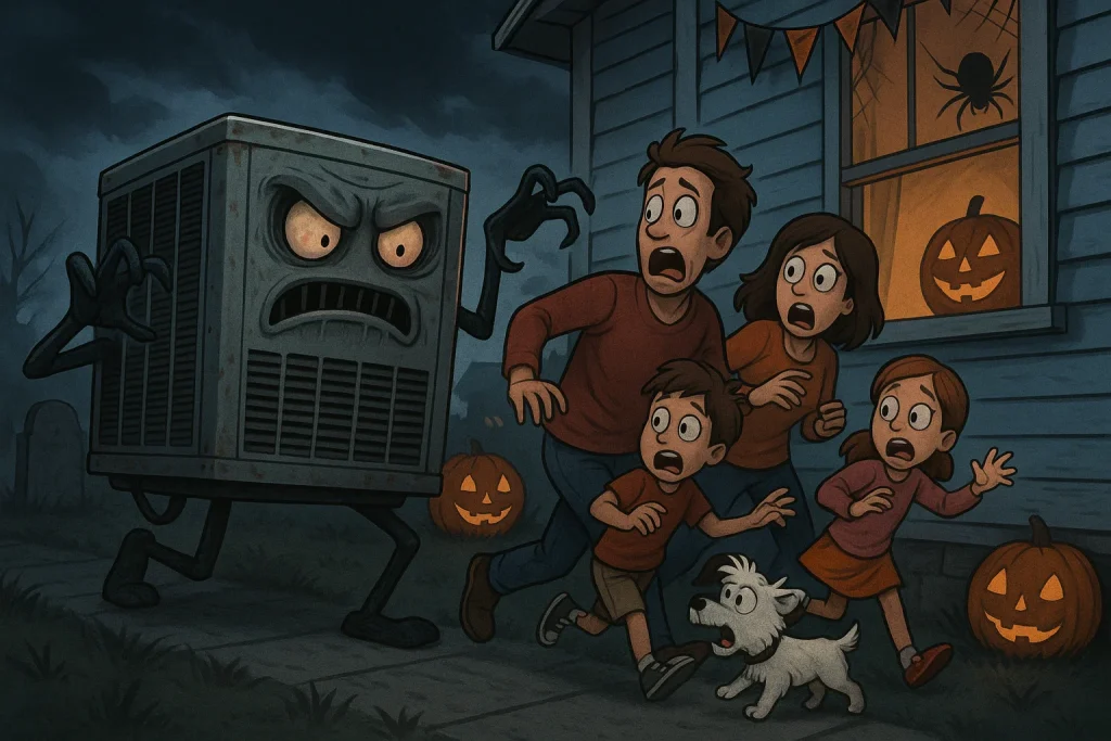 A family running for their lives from a creepy haunted AC condenser unit.