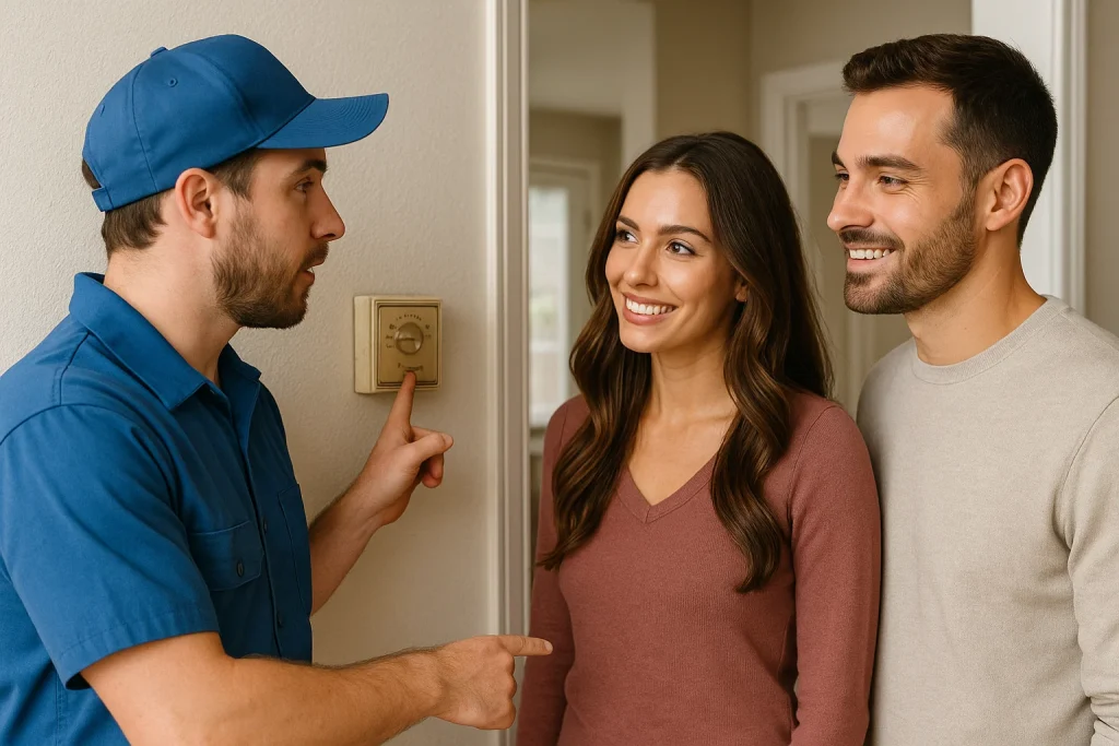 HVAC technician explaining smart thermostat features to a couple in a modern kitchen.