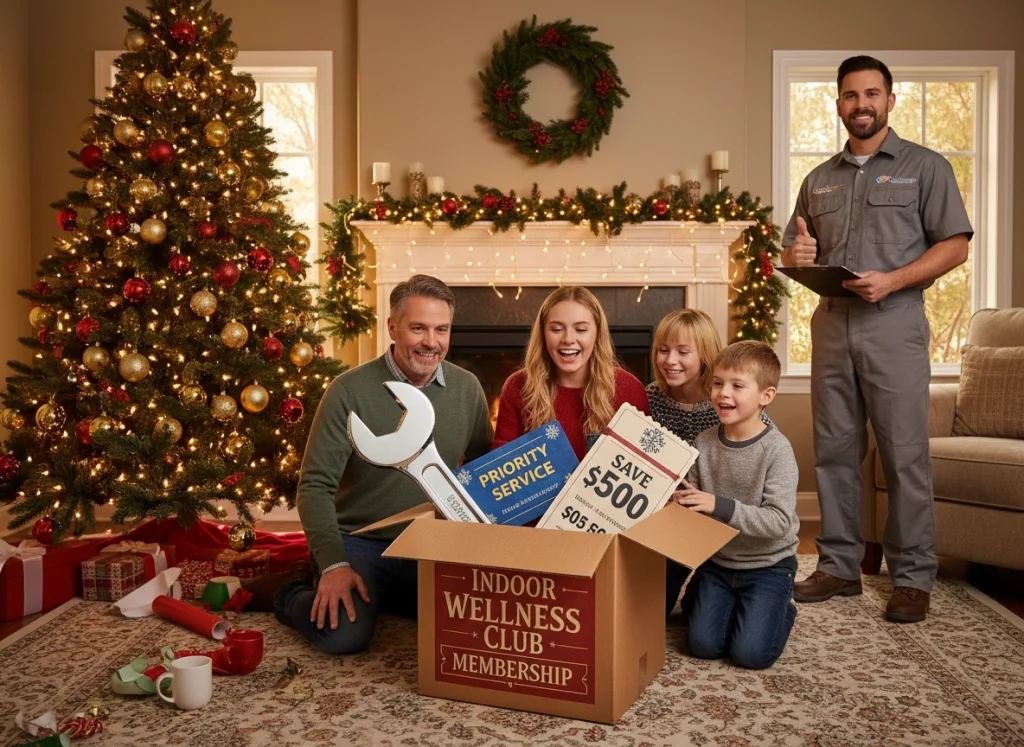 Family opening Indoor Wellness Club holiday gift box with HVAC technician in festive living room