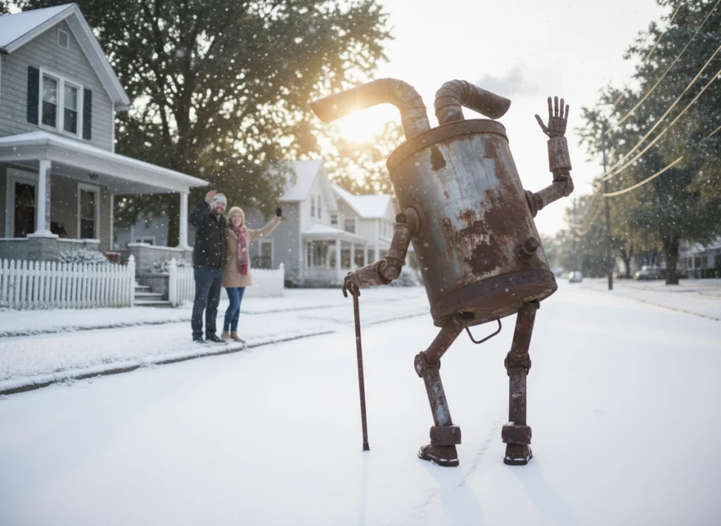 An old furnace walking down the street waving goodbye to the homeowners.