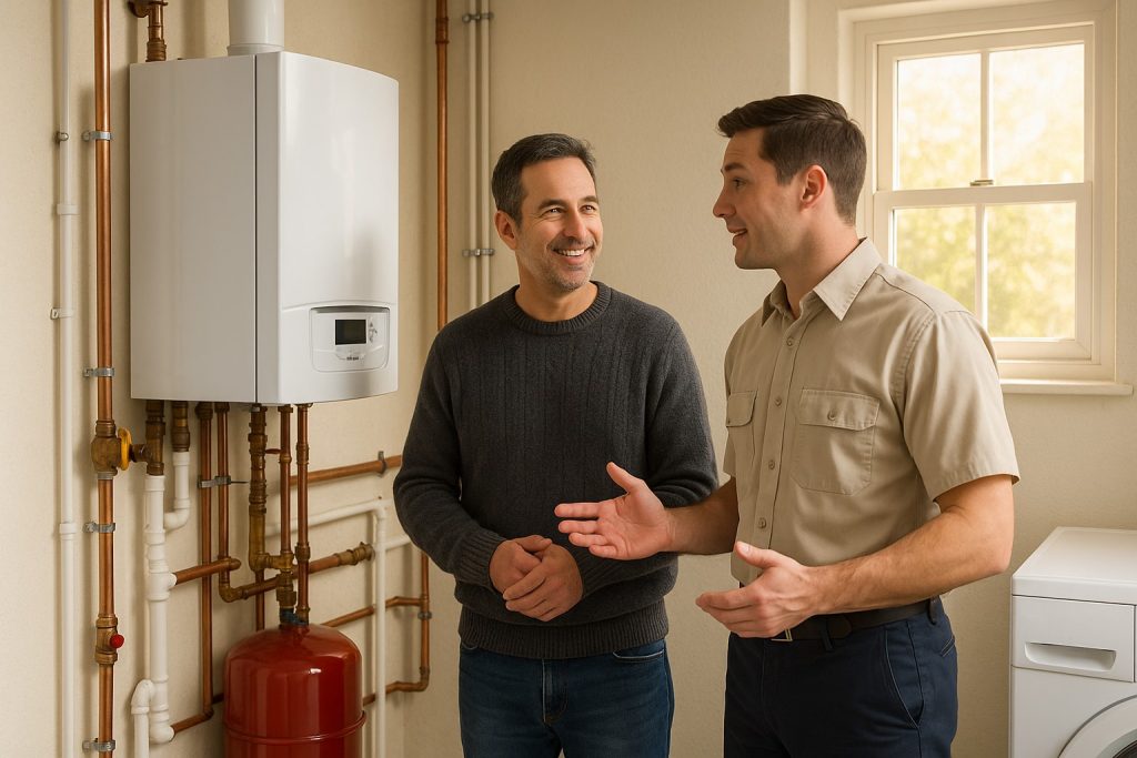Homeowner and technician discuss a new boiler installation in a Beaumont utility room.
