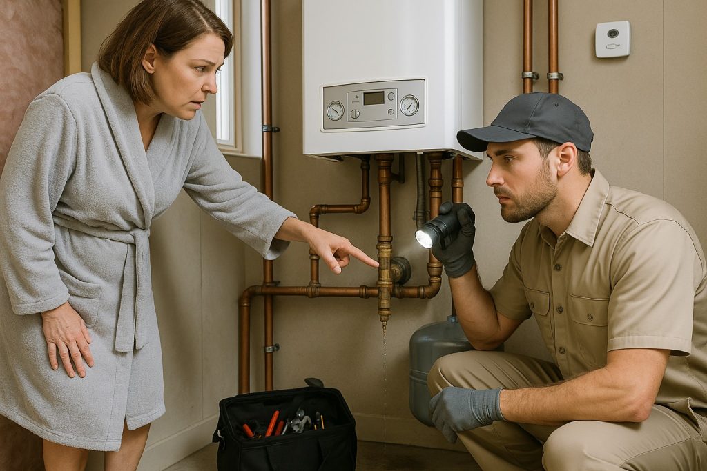 Homeowner pointing out a leaking boiler to a technician in a Southeast Texas utility room.