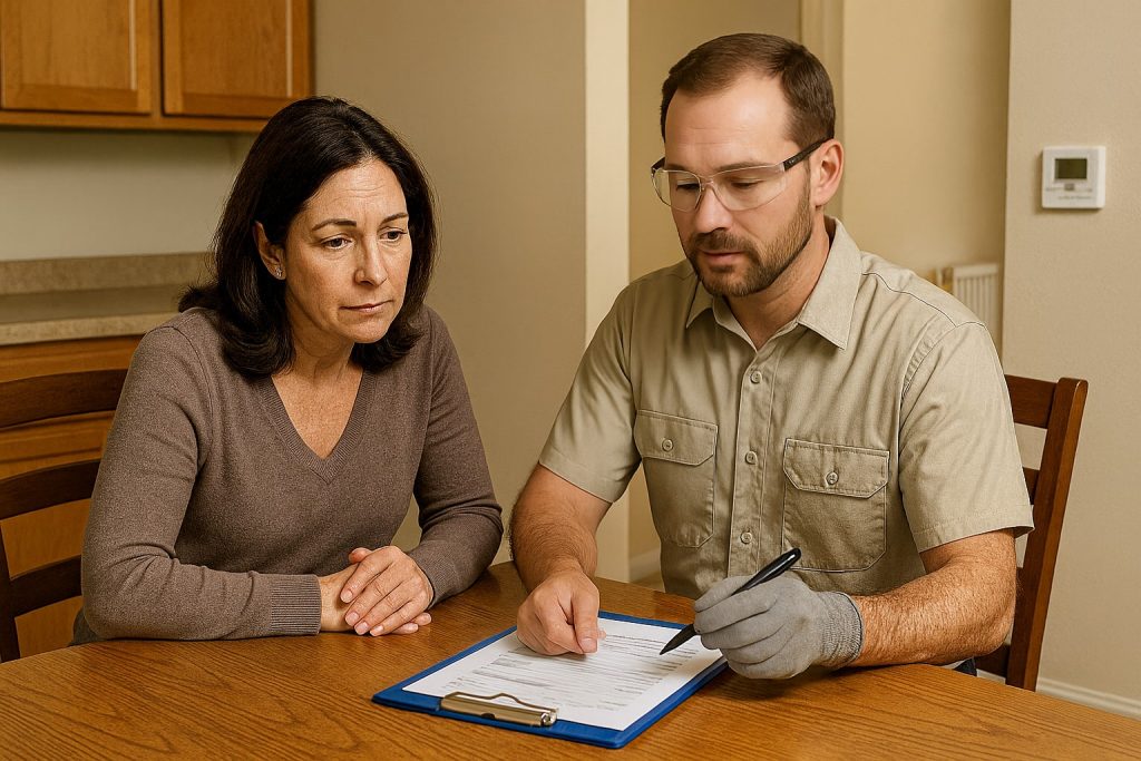 Homeowner reviewing boiler repair or replacement options with technician.