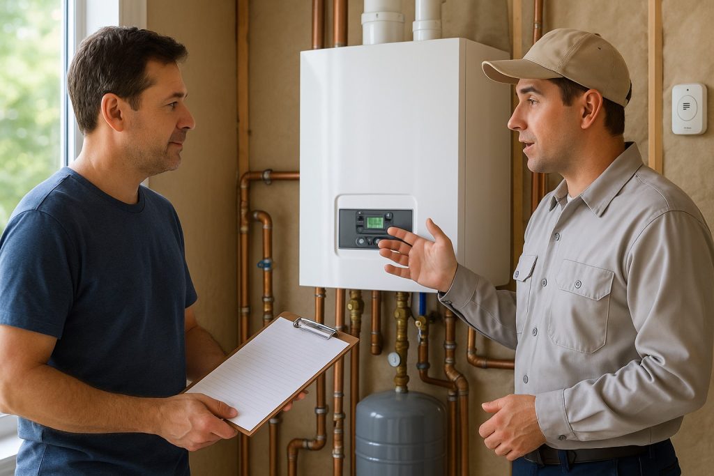 Homeowner reviewing a new boiler installation with a technician in Southeast Texas.