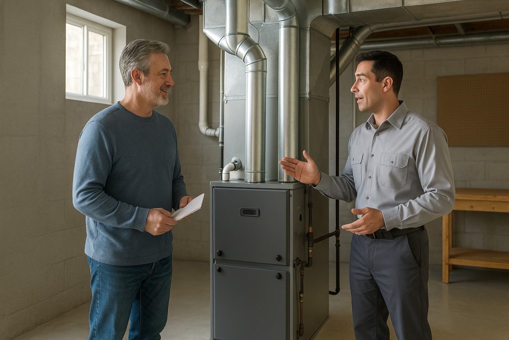 Homeowner and technician beside new furnace in basement utility room.