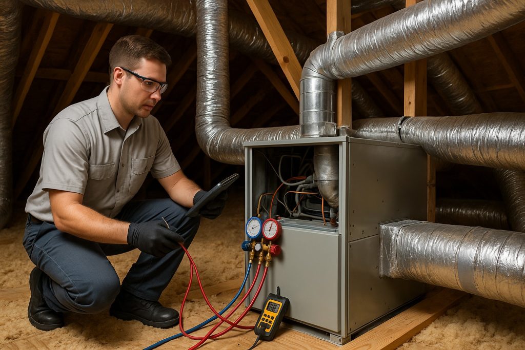 HVAC technician testing air handler in attic with proper tools and insulation