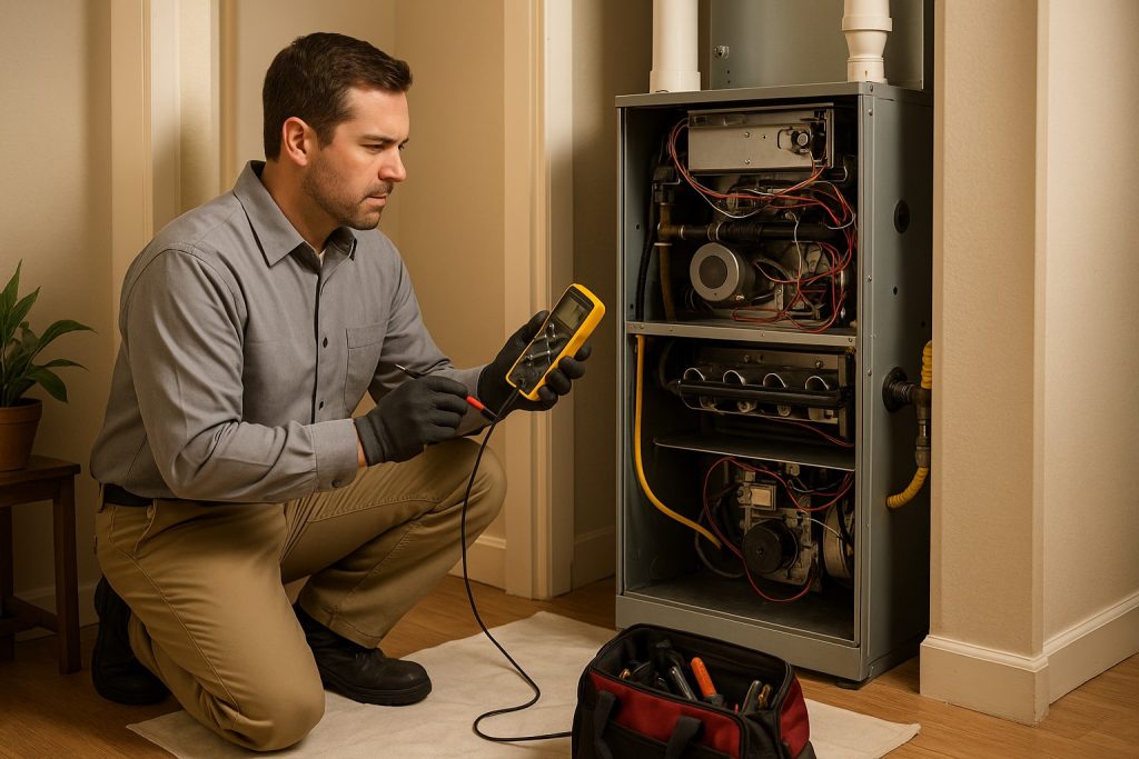 Technician using multimeter to diagnose furnace issue in utility room.