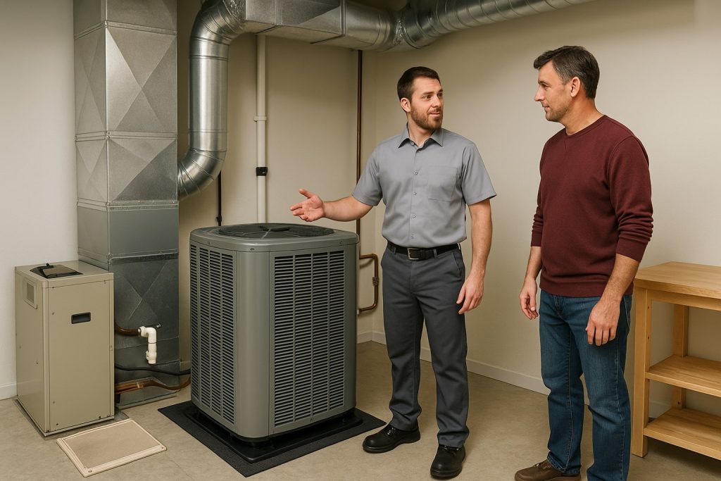 Homeowner observes technician installing new heat pump system.