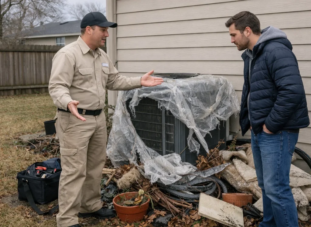 A homeowner and an HVAC technician on the side of the house discussing with debris, swearing the heat pump