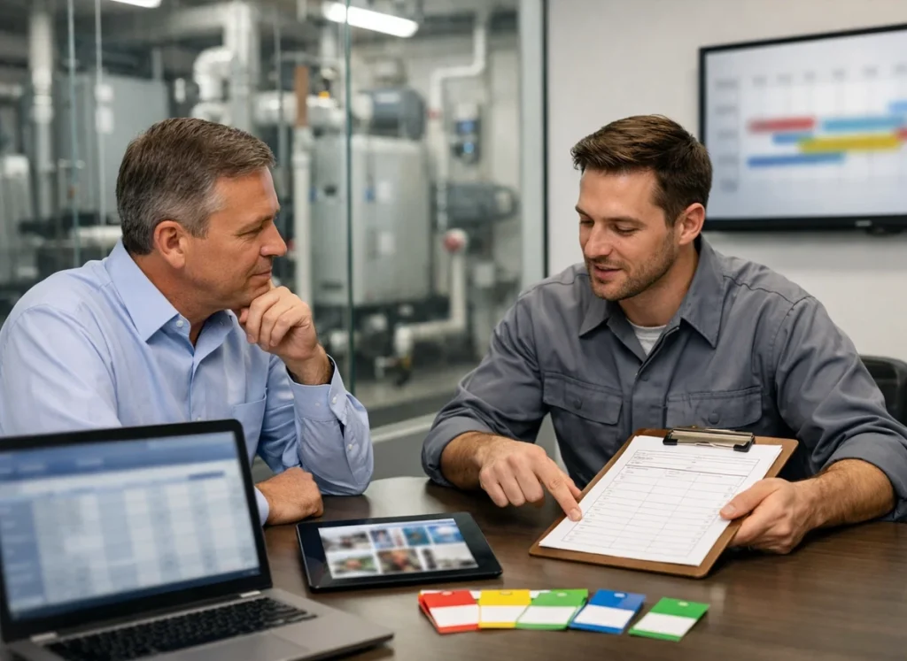 Facility manager reviewing commercial maintenance and capital planning roadmap with service technician