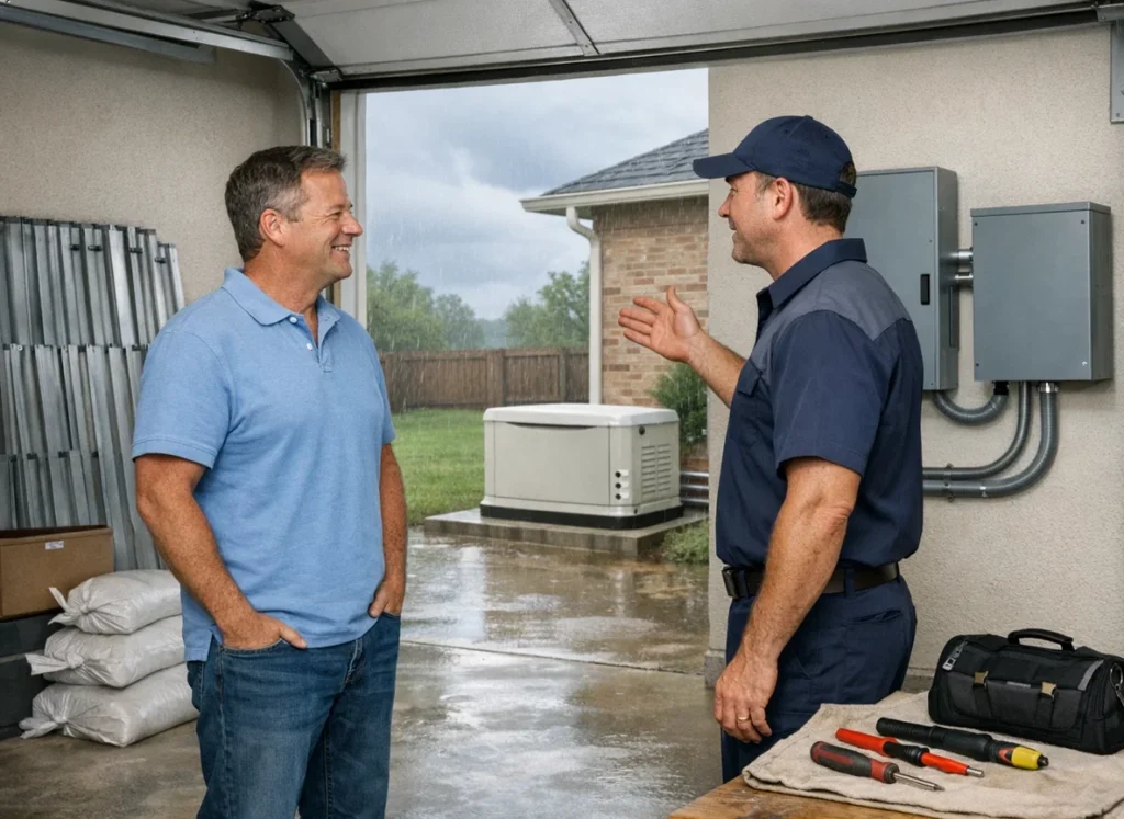 Homeowner and technician reviewing standby generator installation before hurricane season in Beaumont Texas