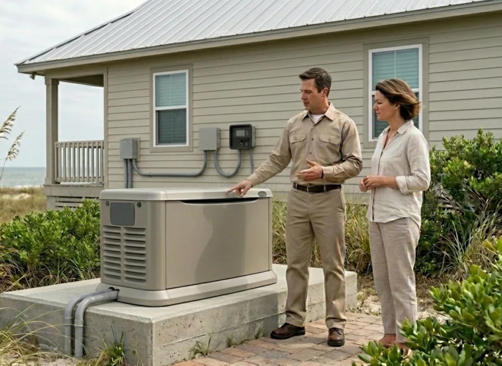 Texas coastal homeowner reviewing standby generator with technician