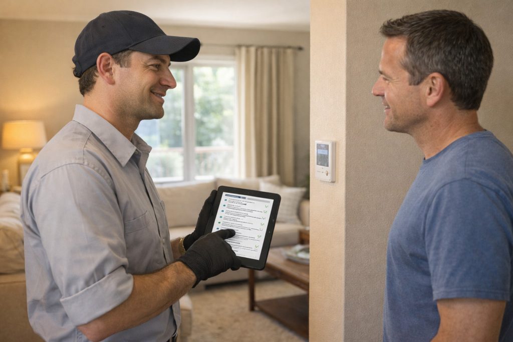 HVAC technician reviewing AC maintenance checklist with homeowner near thermostat.