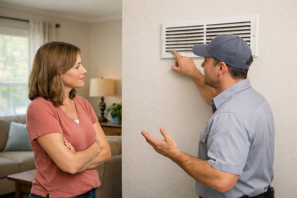 Homeowner discussing dusty air vent and duct cleaning with HVAC technician.