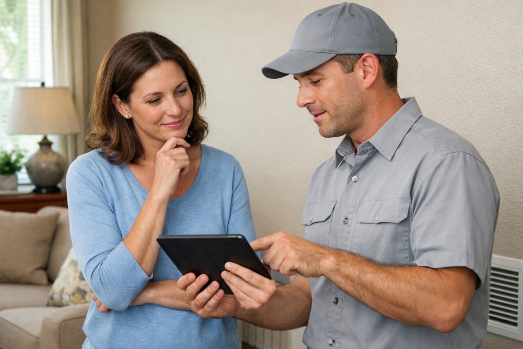 Homeowner reviewing air duct inspection findings with HVAC technician.