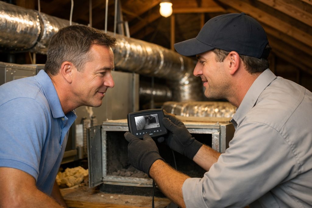 HVAC technician showing a Beaumont homeowner duct inspection results inside attic.