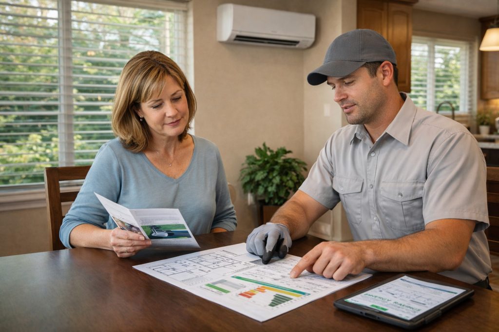Homeowner in Beaumont reviews heat pump installation details with HVAC technician.