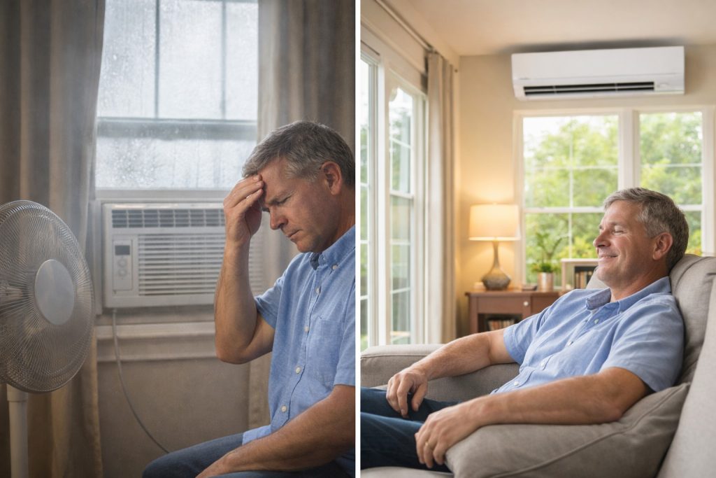 Visual comparison of outdated AC discomfort vs. modern heat pump comfort indoors.