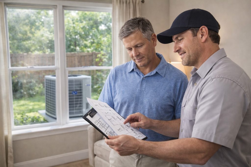 Homeowner and technician review AC installation proposal inside Beaumont home.