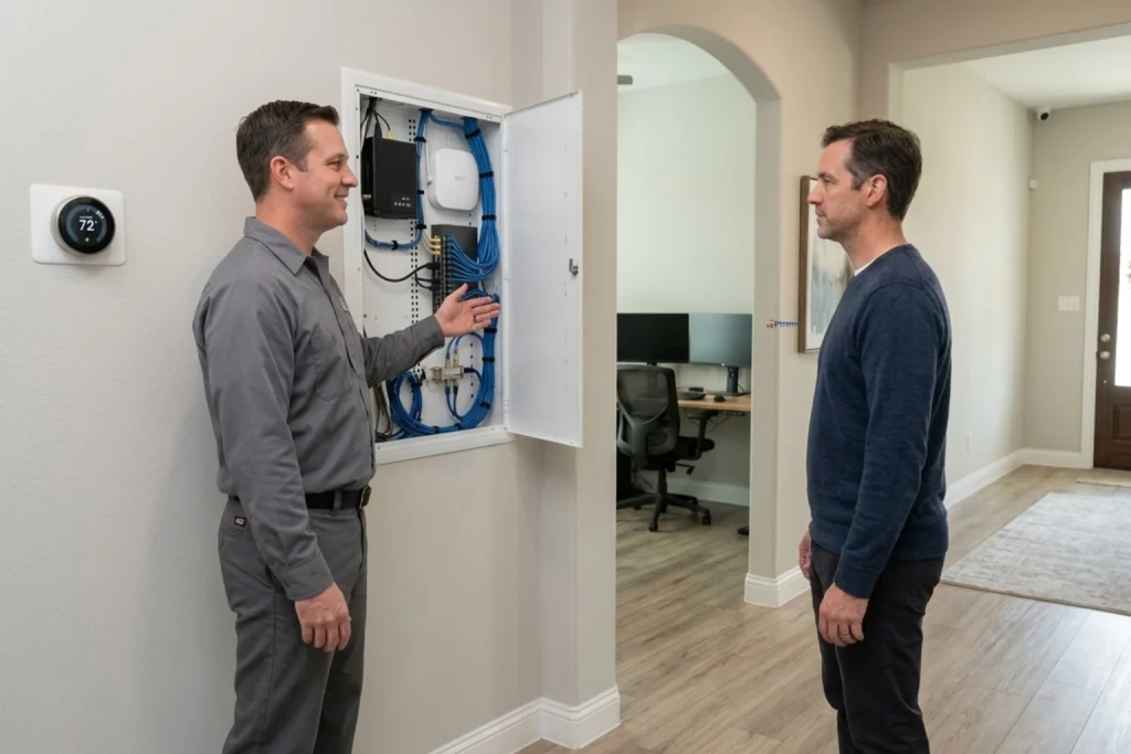 Beaumont homeowner reviewing residential smart home wiring setup